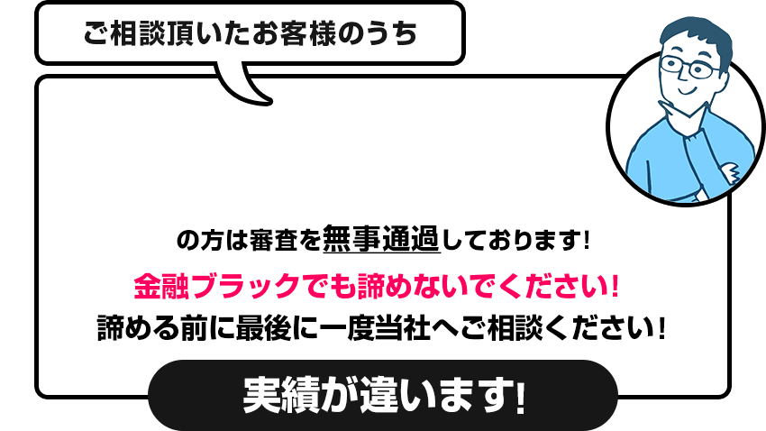 ご相談頂いたお客様のうち、98％の方は審査を無事通過しております！